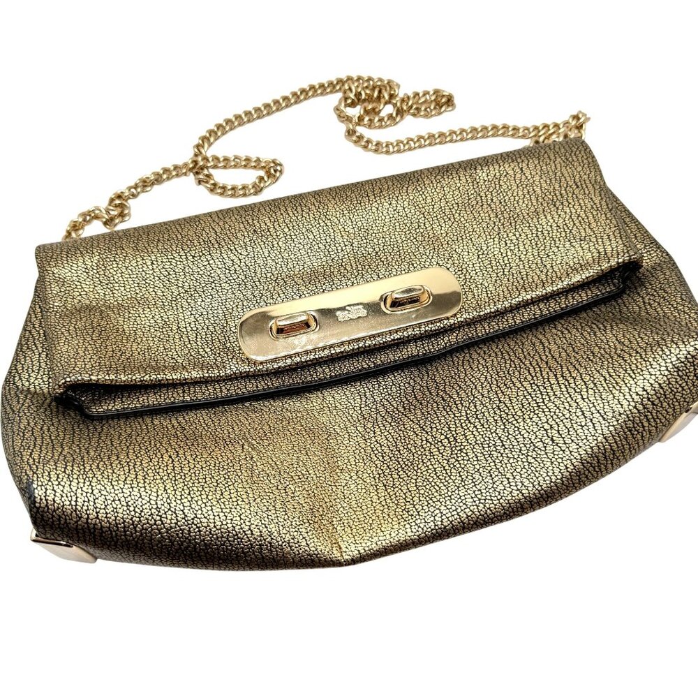 Coach Metallic Gold Pebble Leather Swagger Clutch Crossbody Chain Strap Turnlock
